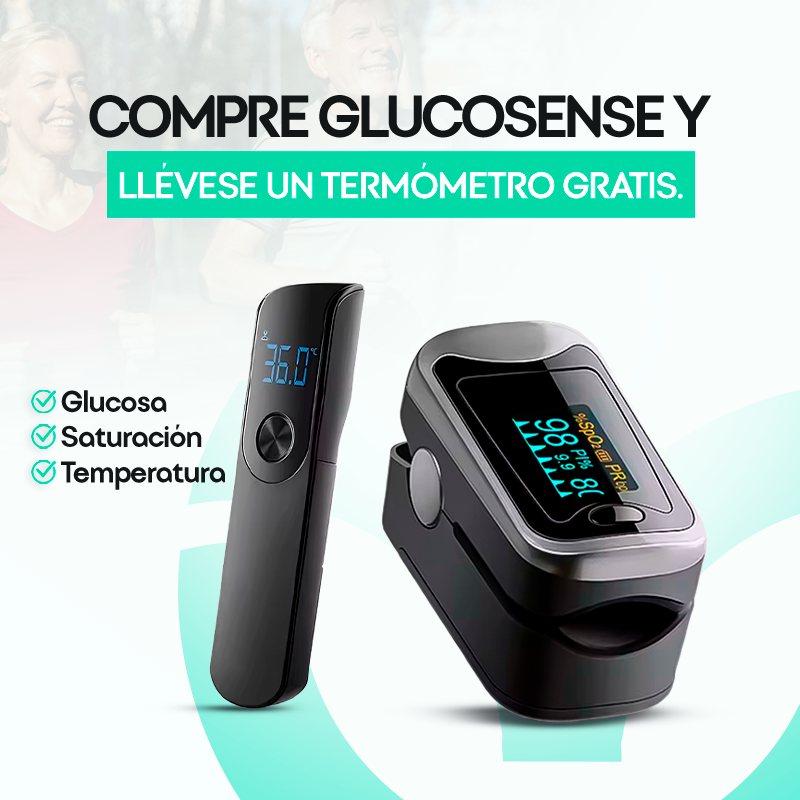 Glucosense + Termómetro – Cuida tu Glucosa, Saturación y temperatura en Casa